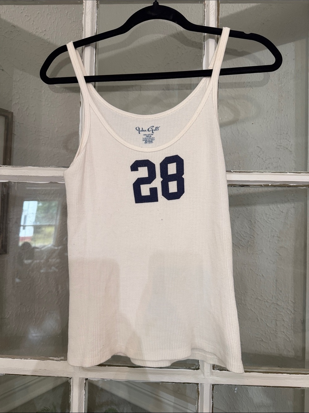 John Galt White Waffle Tank Top with Navy '28'